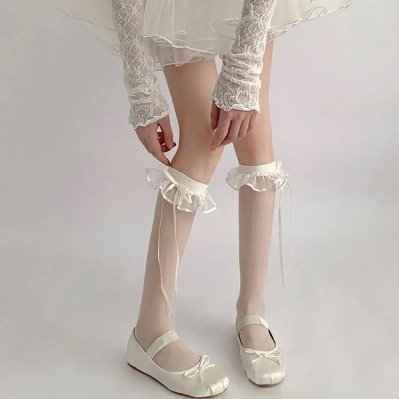 195E Mesh Sheer White Lace Stockings Womens Thin Calf Lace Socks Bowknot Calf Socks