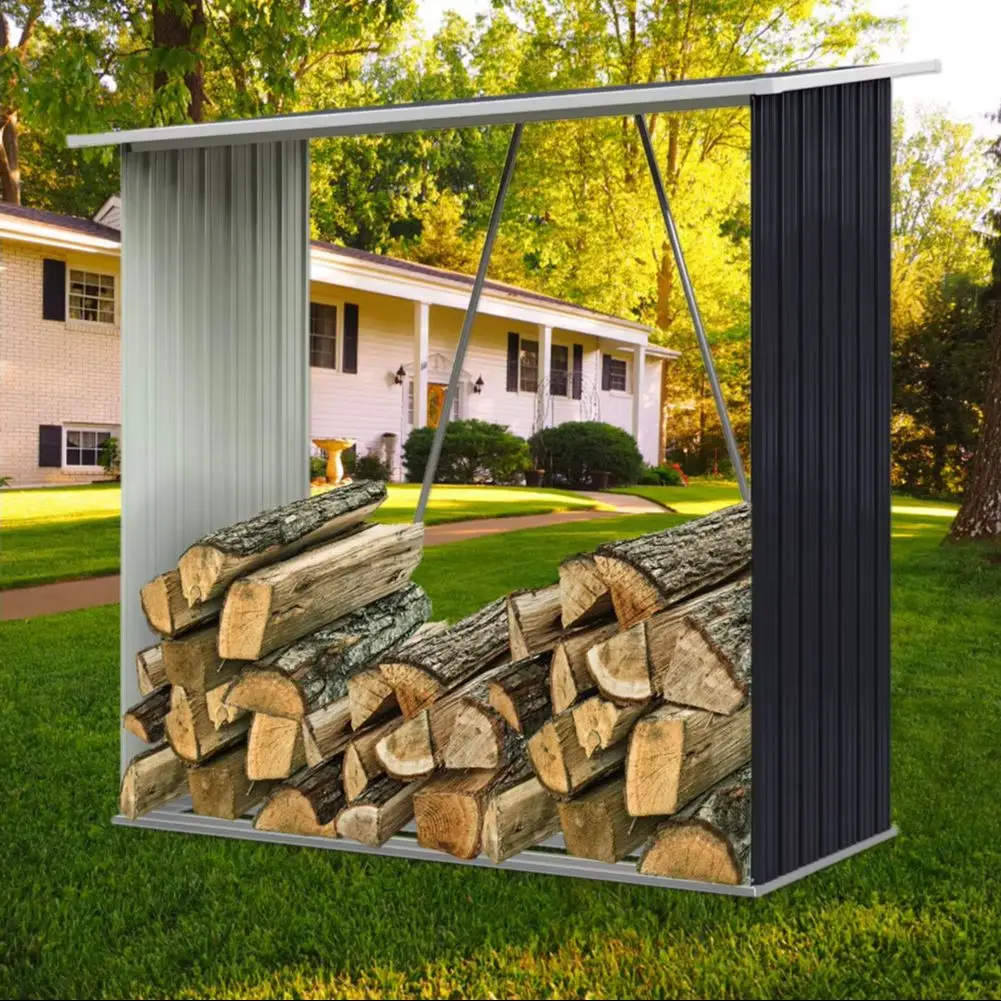 157cm Garden Outdoor Metal Galvanized Steel Firewood Log Storage Shed Elevated Design Slanted Roof