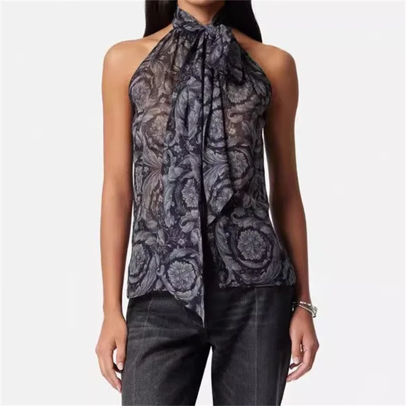 

Women top 2024 Summer 100% Mulberry Silk Scarf Collar Sleeveless Top Fashion print crop top High quality Women's cropped T-shirt