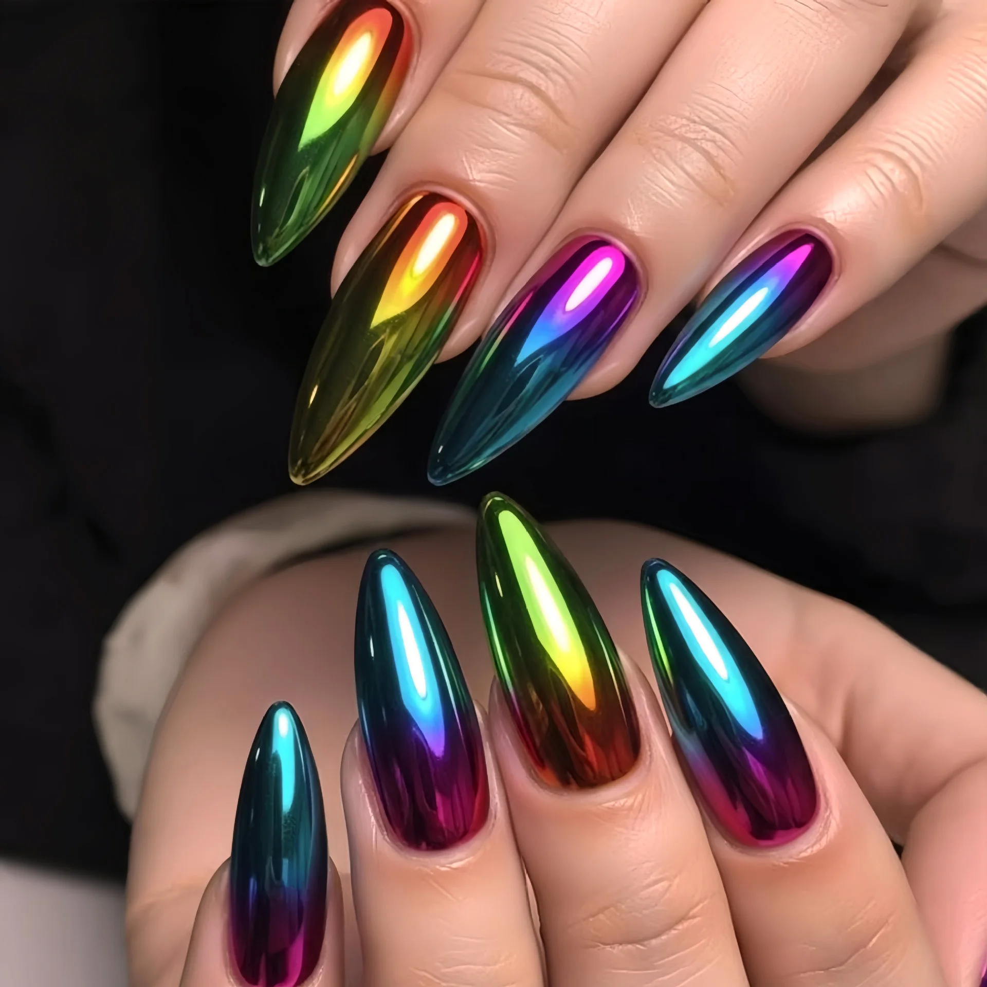 

Medium long fake nails for women girls Holographic Plated gradient blue green purple Square almond tips press on false nail art