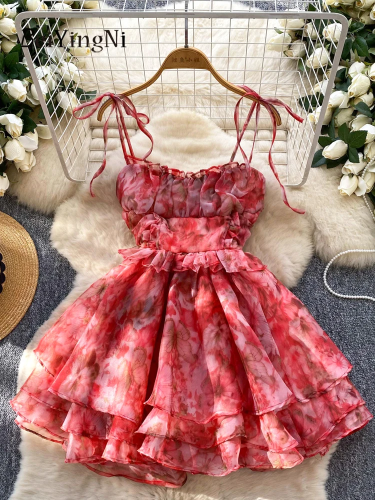 Beiyingni festa de aniversário tutu vestido feminino sexy francês doce cinta de espaguete vestidos de fiesta floral impressão malha em camadas vestido