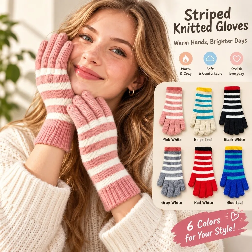 1 Pair Colorful Striped Knitted Gloves Touchable Screen Thickened Full Fingered Gloves Lengthened Warm Winter Women's Gloves