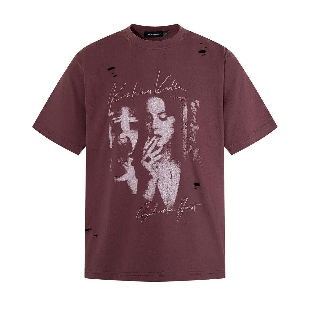 Men's Fashion Punk Style Hip Hop T Shirt High Street Washed Vintage Ripped Tees Summer Short Sleeve Distressed Retro Tops