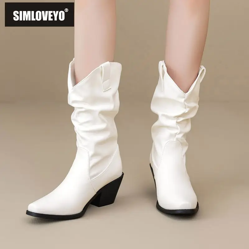 

SIMLOVEYO брендовые женские ботинки до середины икры, без шнуровки на блочном каблуке 6,5 см, большие размеры 43, 44, 45, 46, плиссированные, нескользящие, повседневные