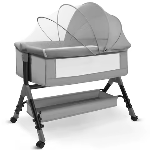 3-in-1 Adjustable Height Baby Bassinet Beside Sleeper Baby Easy Folding Bedside Bassinet Storage Basket、Mattress and Wheels