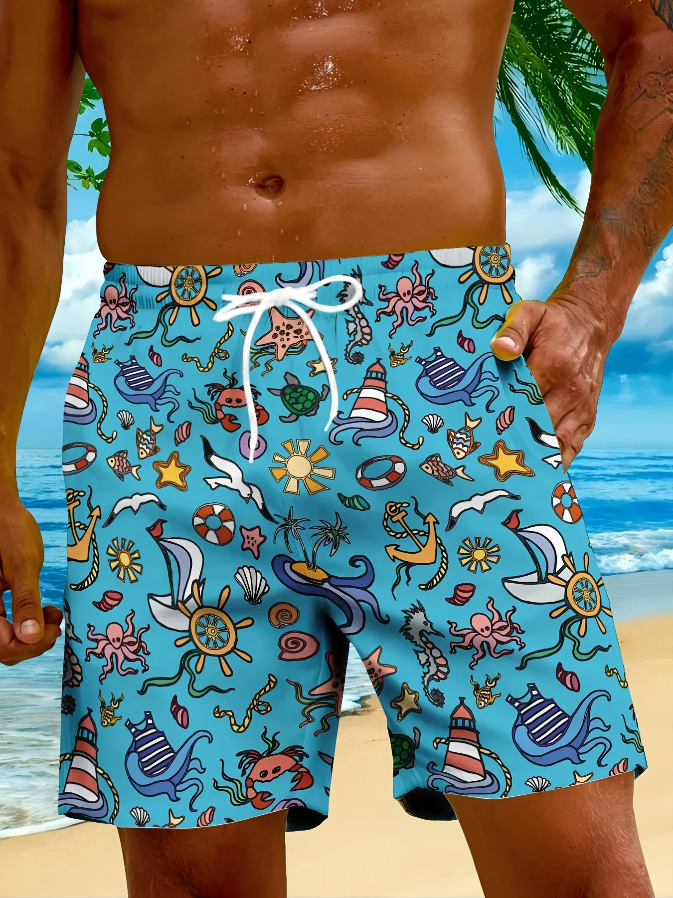Men's Hawaiian Beach Pool Casual Surf Shorts Smooth Fabric Washed Ocean Island Cabin Sailboat Pattern Loose Beach Shorts