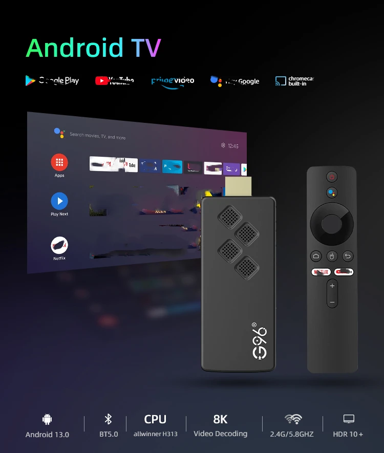 Dispositivo de TV inteligente G96 4K, decodificador con Android 13, ATV OS, Allwinner h313, 2GB, 16Gb, 2,4G y 5G, Wifi Dual, BT5, Netflix,