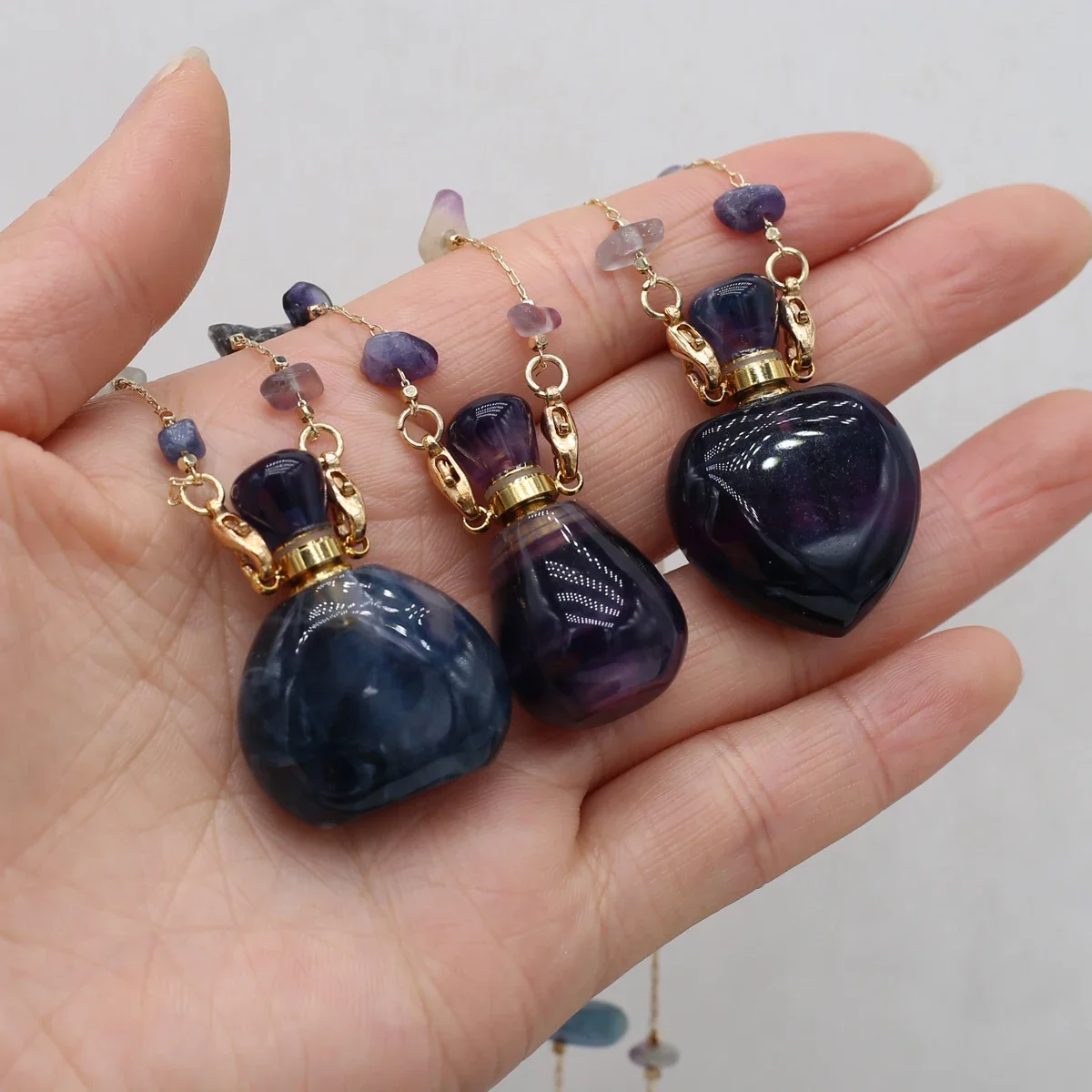 Reiki Natural Stone Amethyst Perfume Bottle Women Essential Oil Diffuser Pendant Gravel Chain DIY Necklace Jewelry Gift