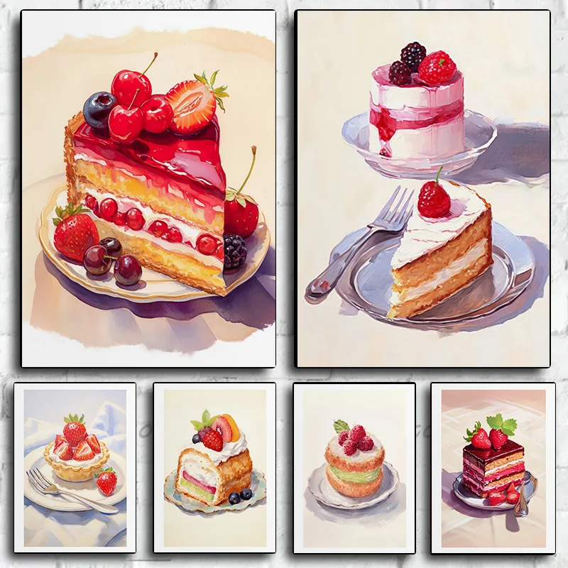 Fruit French Pastry Raspberry Strawberry Cream Chocolate Cake Poster Print Wall Art Pictures Canvas Painting Room Home Decor