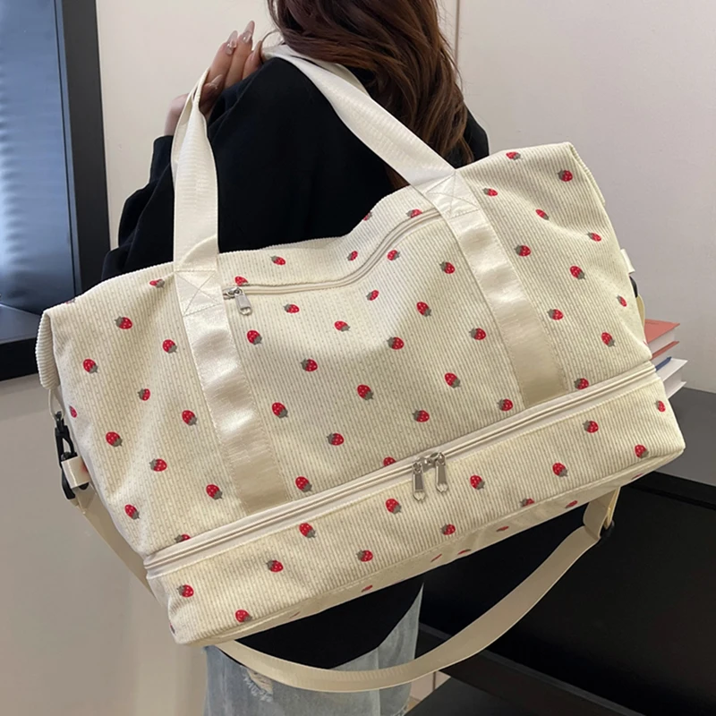 

Leisure Travel Luggage Bag, Strawberry Print, Corduroy Fabric, Sports and Fitness Bag, Overnight Weekend Bag, Women's Handbag