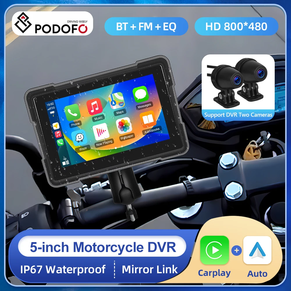 Podofo Motorcycle DVR 5inch IPS Screen Front and Rear Camera Dash Cam Wireless Carplay Android Auto GPS Navigation Bluetooth FM