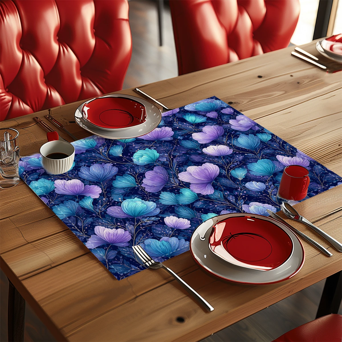 Vibrant Floral Pattern Polyester Placemats & Coasters - Decorative Table Linens for Home, Restaurant & Daily Table Use
