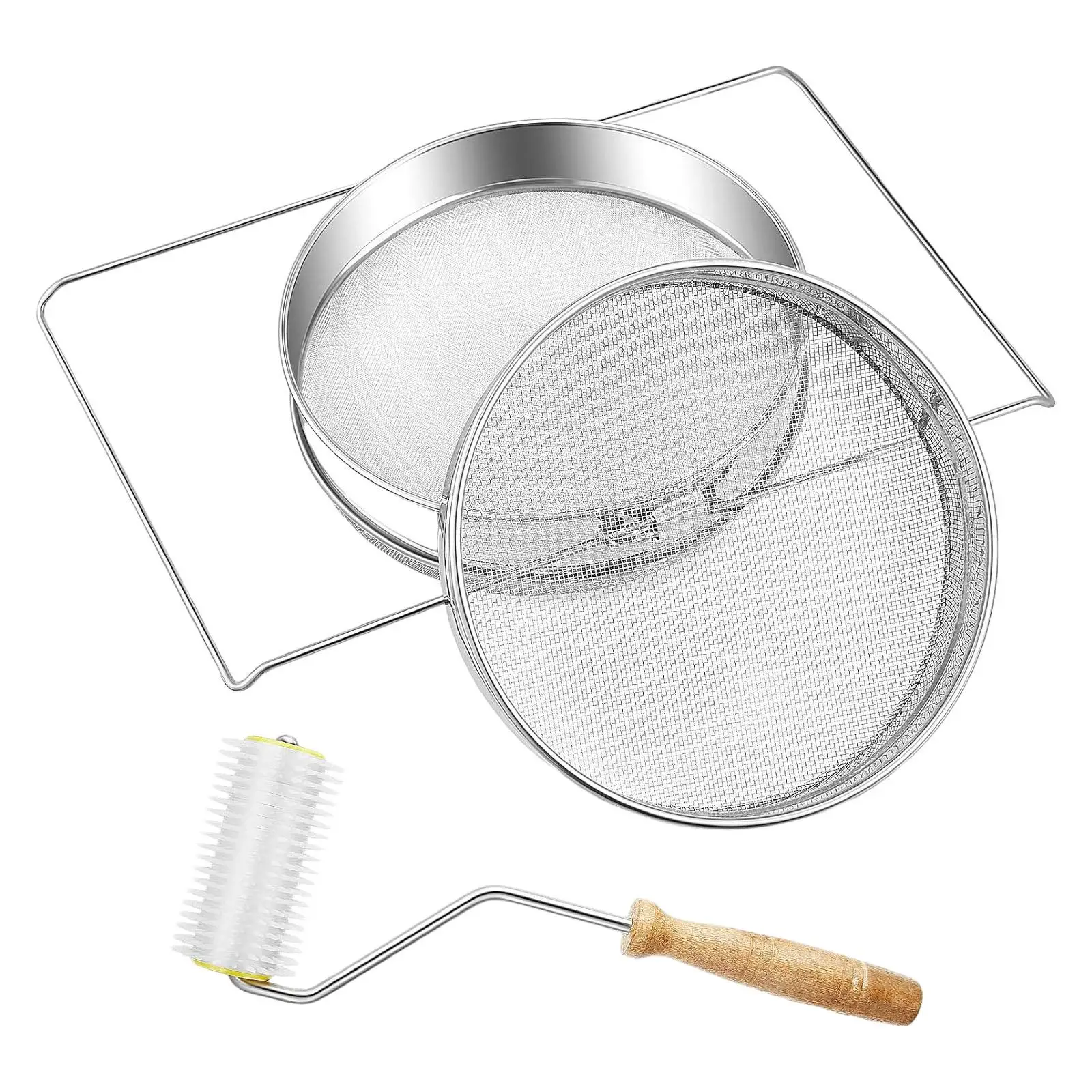 Durable Stainless Steel Honey Strainer Kit Double Sieve Mesh Uncapping Needle Roller for Beekeeping Honey Extraction
