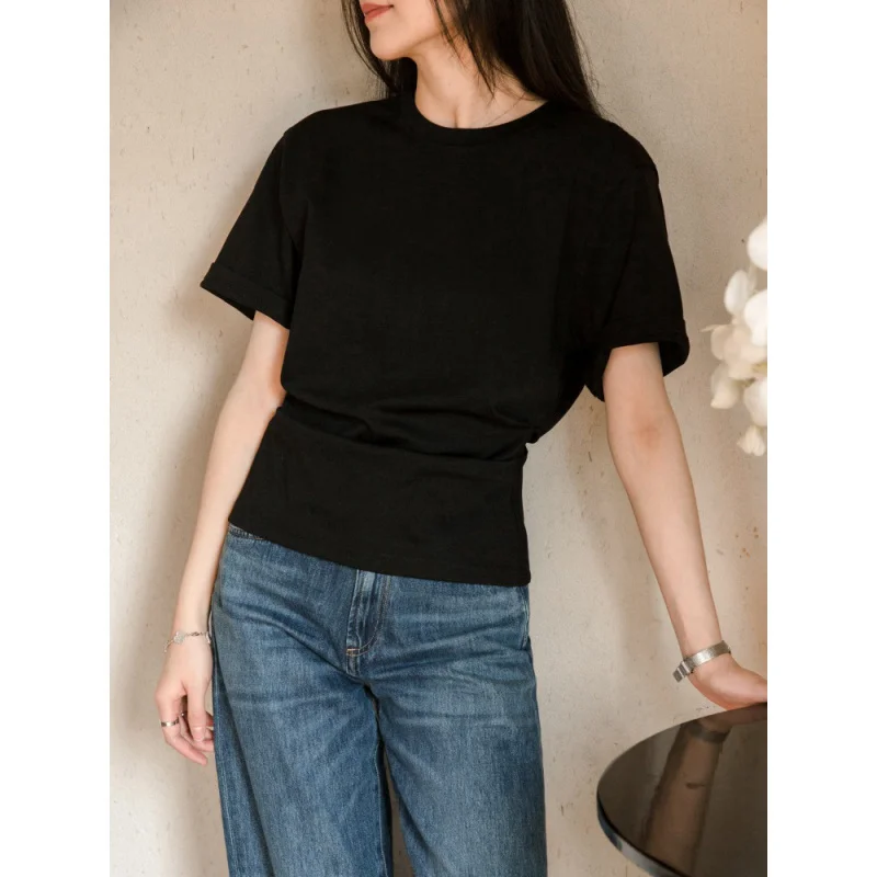 

2025Spring Summer New Simple and Comfortable Round Neck Short SleeveTWomen's Casual Waist-Cinching Top