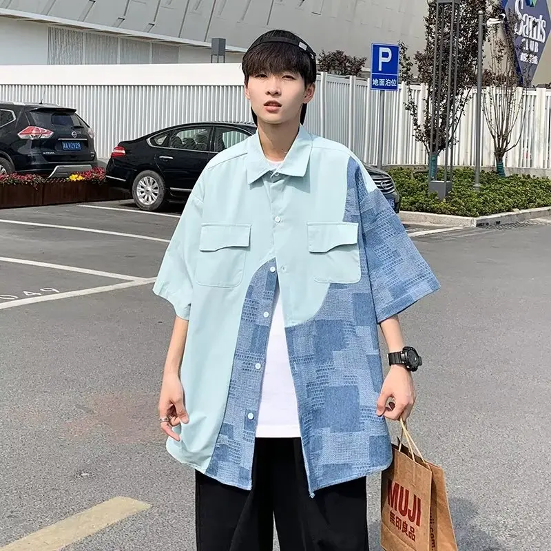 Men's Five-quarter Sleeve New Harajuku Summer Fashion Standard Trend Youth Popular Lapel Shirt Color Matching Temperament Shirt