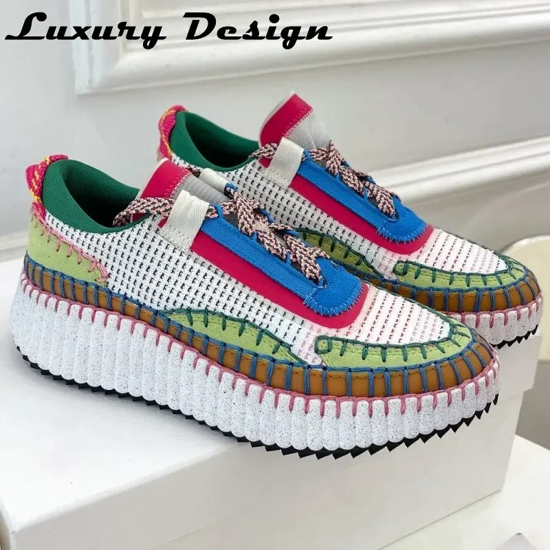 Luxury Designer Sneakers Women Thick Sole Mixed Colors Brand Sport Shoes Round Toe Lace Up Casual Sneakers Shoes Female