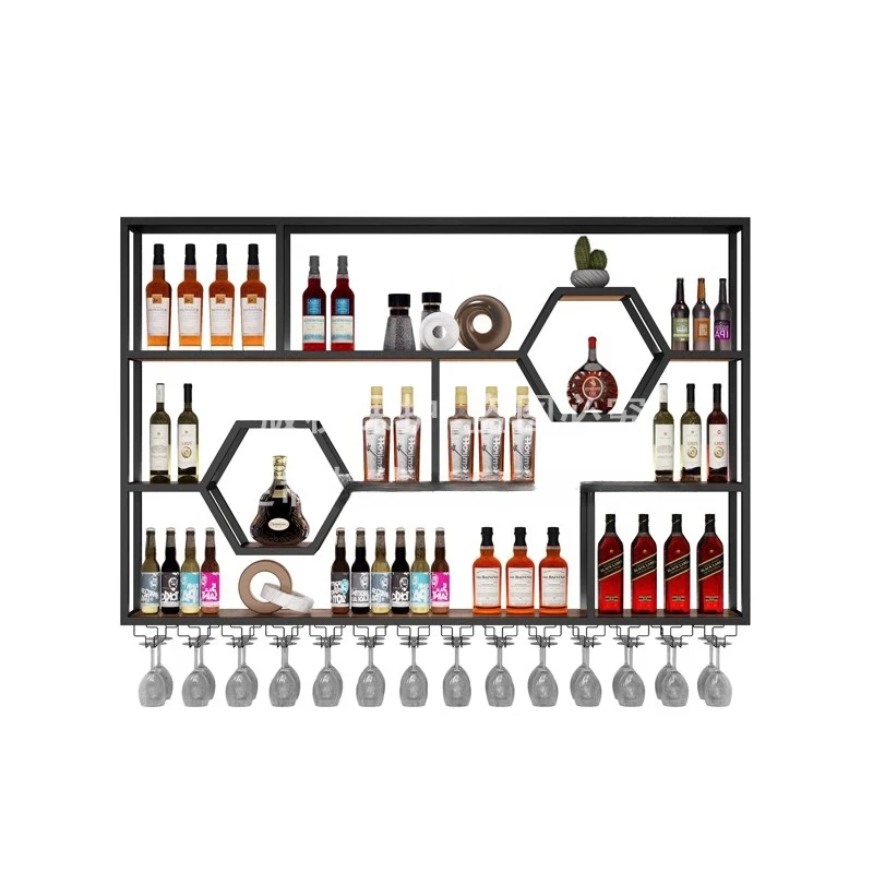 

Iron Frame Industrial Bar Cabinet Wall Mount Black Storage Luxury Nordic Modern Lattice Wine Rack Display Furniture