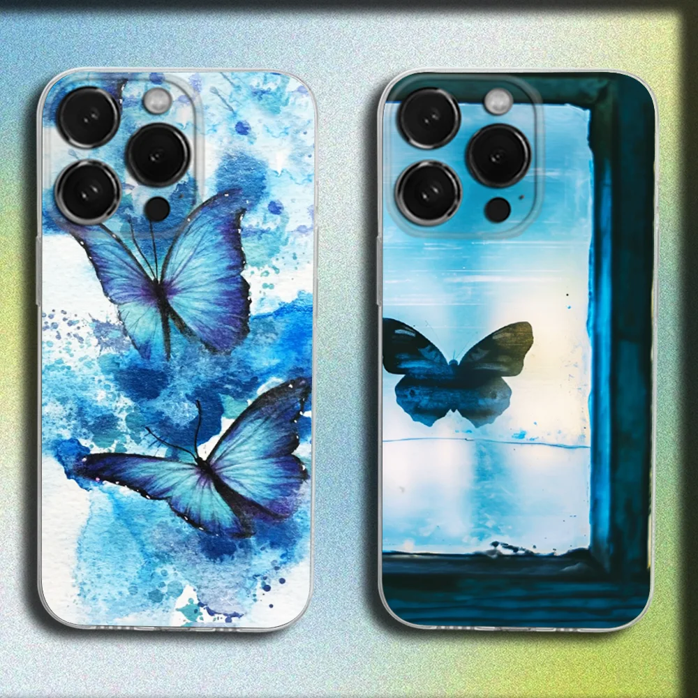 

Blue Morpho Blue Butterfly Phone Case For iPhone 16,15,14,13,12,11 Plus,Pro,Max,XR,XS,Plus,SE,Mini Transparent Soft Cover