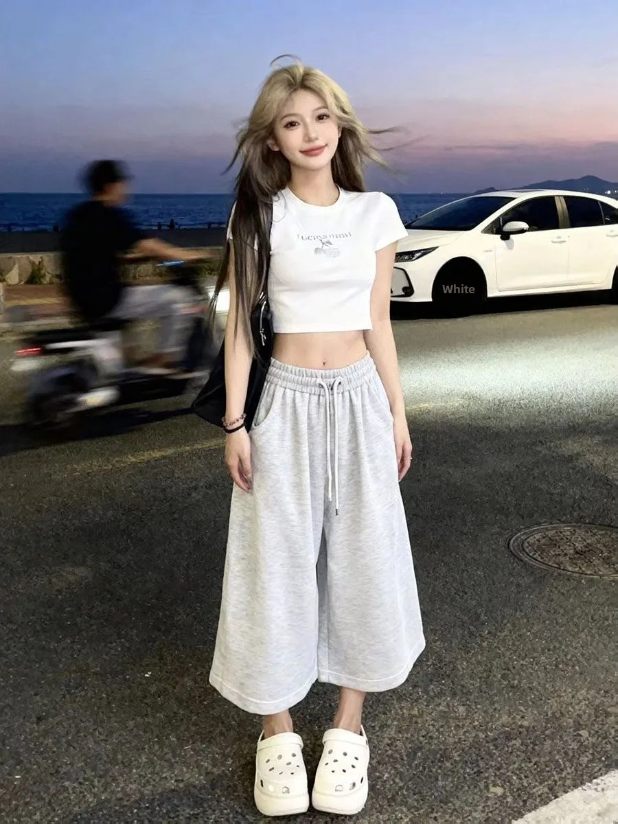 Fashionable High Waist Wide Leg Short Pants Unisex Summer Lazy Style Streetwear Anti-Aging for Students And Couples Casual Le...