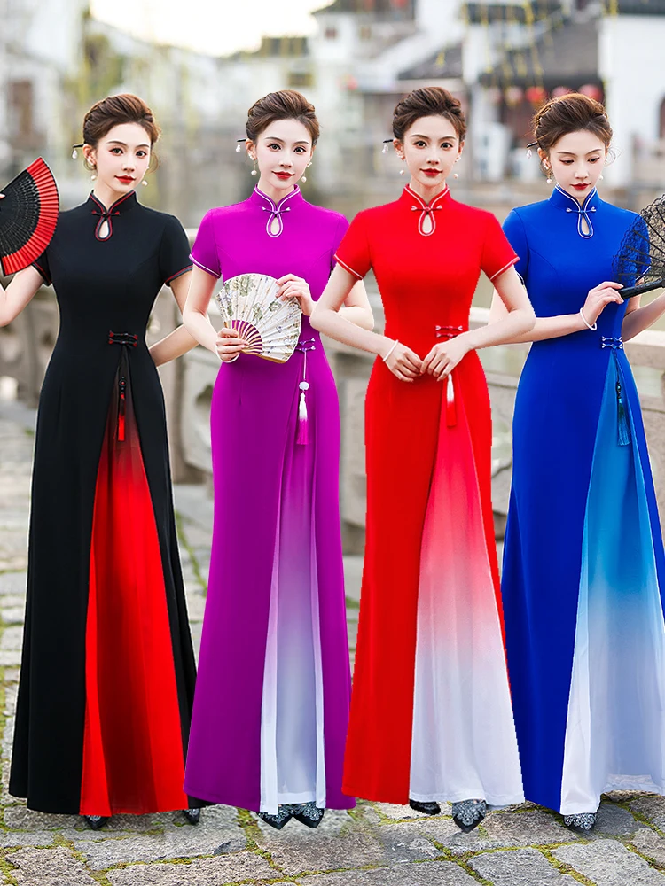 

Элегантное молодежное платье для сценических выступлений с высоким разрезом, длинными рукавами, короткой длиной, из полиэстеровой ткани, в национальном стиле