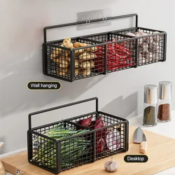 Kitchen Ginger Garlic Separation Storage Basket Free Punch Hanging Rack Carbon steel Seasoning Rack Storage Basket With Hook