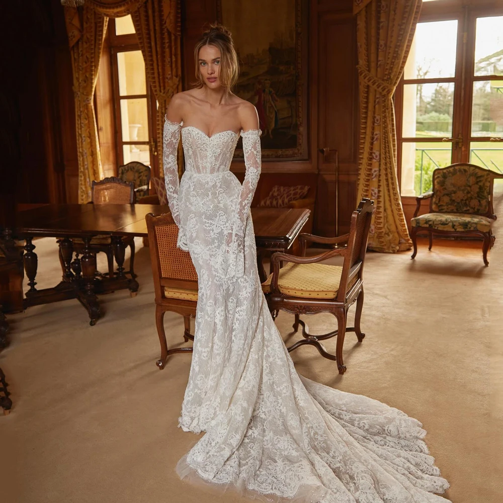 

Sexy Mermaid Backless Wedding Dresses Strapless Detachable Sleeve Sweep Train Bride Gowns Vintage Customized Vestidos De Novias
