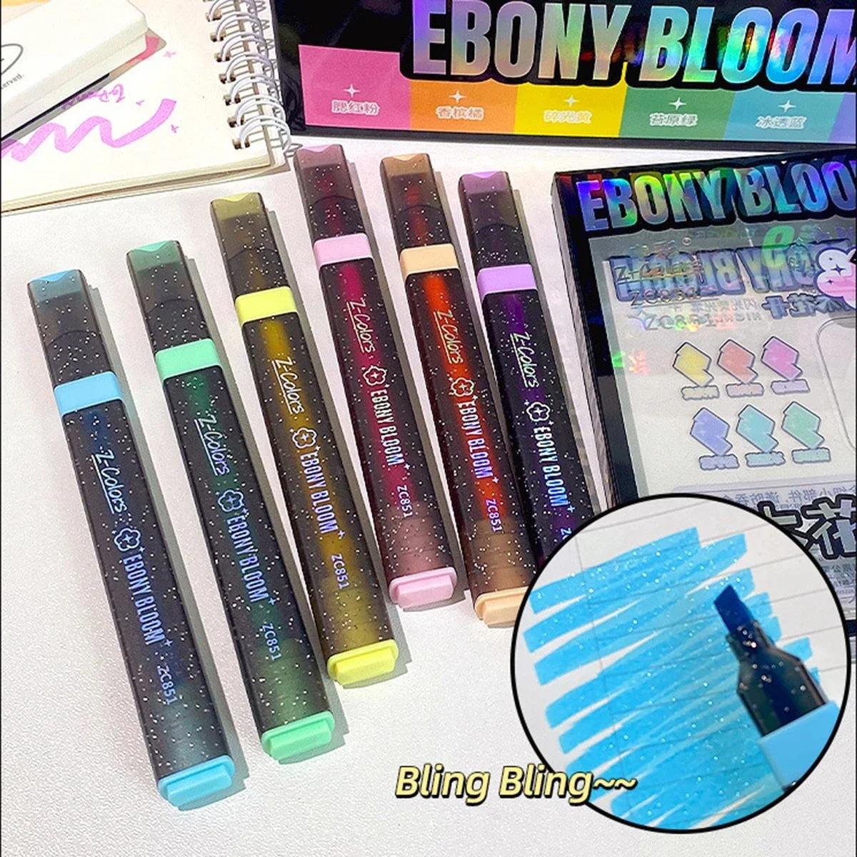 6Pcs Glitter Highlighter Pens Set Chisel Tip for Ceramic Fabric Scrapbooking DIY Crafts Coloring Journal Art Stationery Supplies
