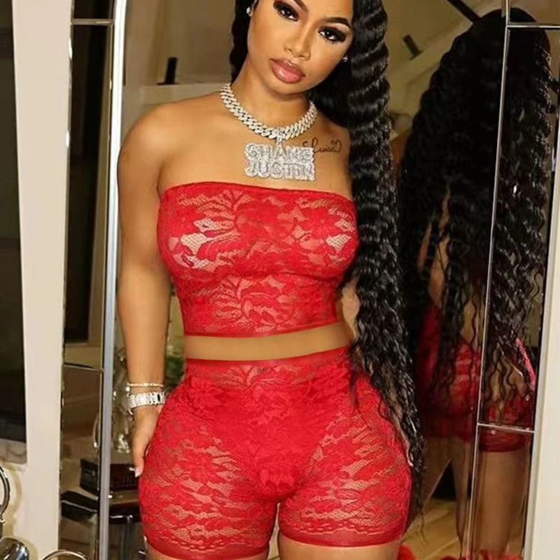 Women Sexy Sheer Lace Two Piece Set Strapless Tube Crop Tops + Shorts Stretch See Through Midnight Clubwear Party Outfit Suits