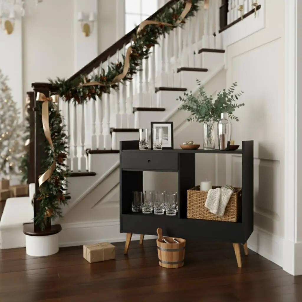 

Compact Mini Bar with Single Glass Door and Two Adjustable Shelves, Elegant Brown Finish with Sleek Black Accents