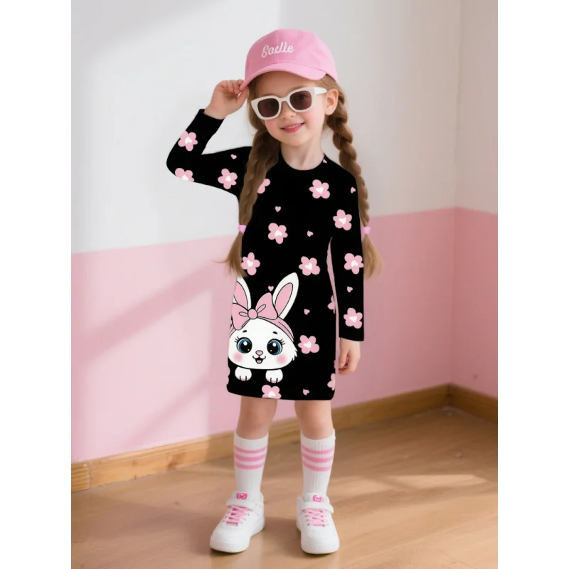 Vêtements pour enfants à la mode, best-seller, robe décontractée à manches longues, lapin de dessin animé mignon et imprimé Floral, nouvelle robe pour filles, 2025