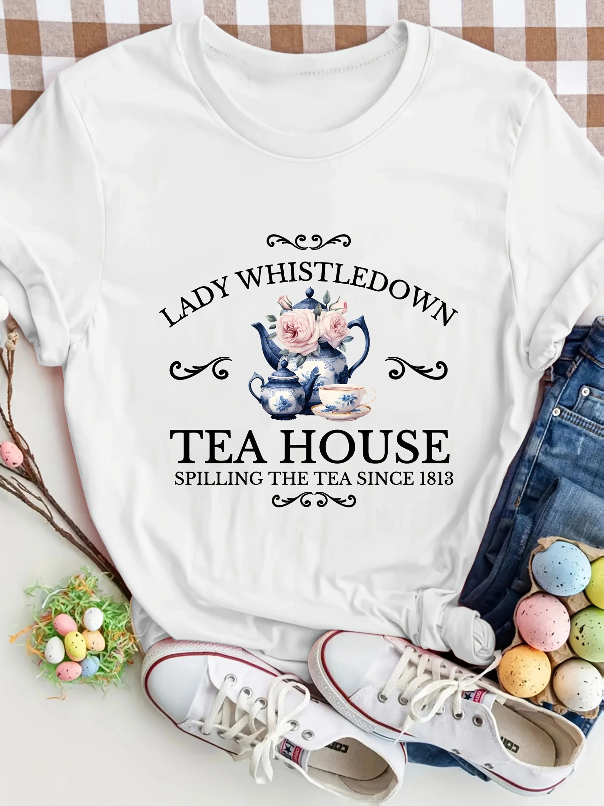 Women's  Tea House  T-Shirt  Sleeve Blouse with Lettering   Spring Summer Women Clothing