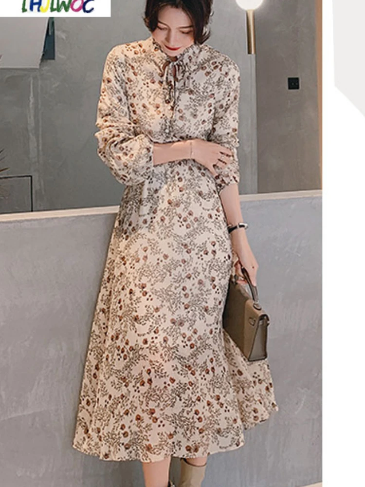 

Bow Tie Shirt Dresses Cute Sweet Women Fashion Date Wear Casual Ruffled Temperament Lady Floral Chiffon Vintage Dress 9329