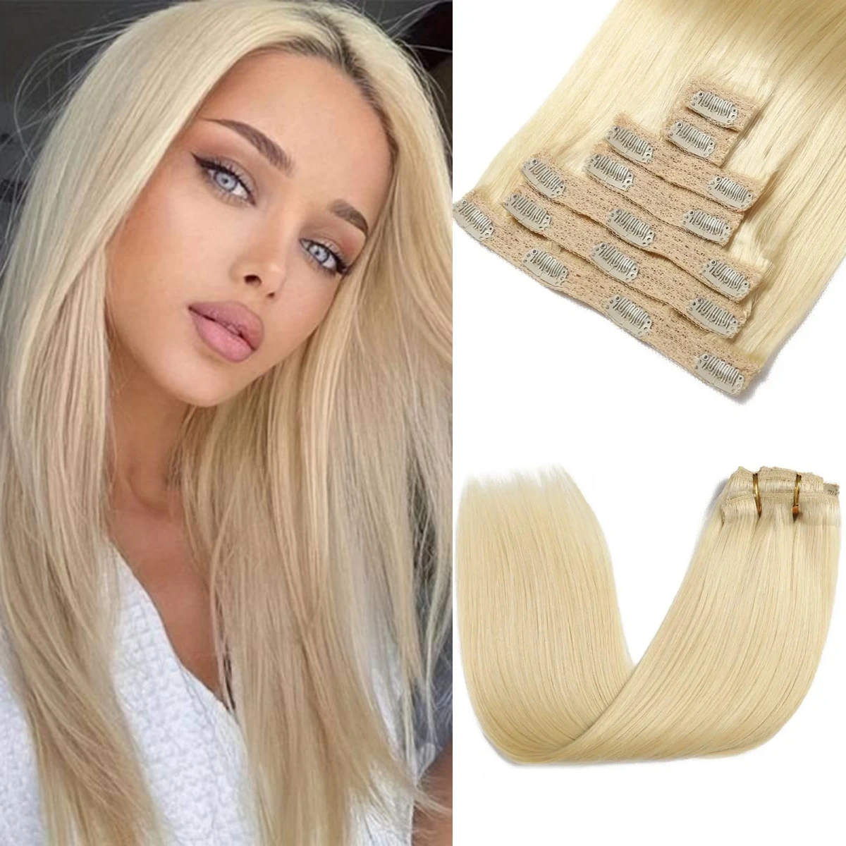 Clip recto natural del cabello humano en extensiones en rubio 8 piezas por juego # Trama doble real brasileña de la extensión del cabello humano del color 613