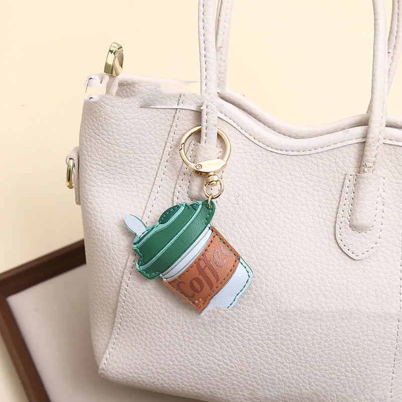 Women Female Korean Style Candy Color Pu Leather Coffee Cup Pendant Creative Bag Charm Keychain Girl Gift