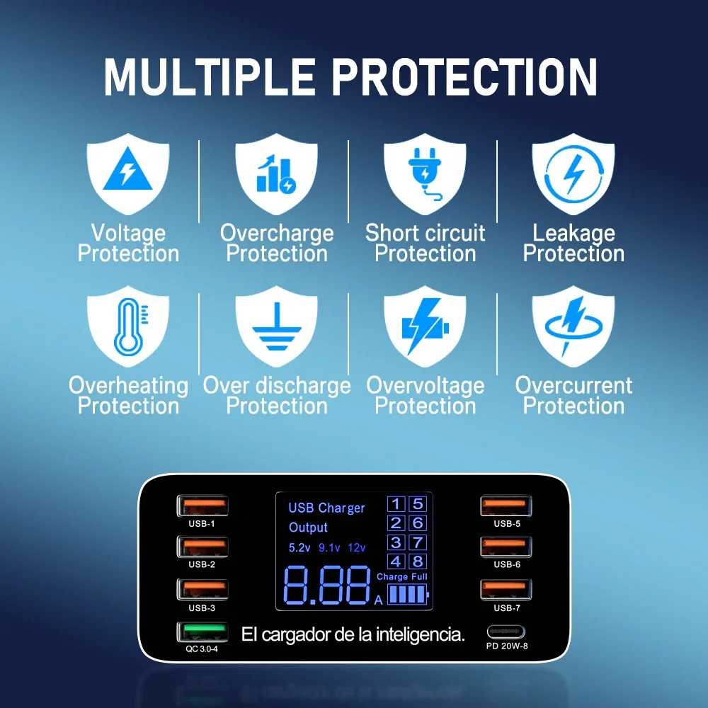 8 Ports USB Charger QC3.0 Quick Charge Phone Charger Adapter Type C 20W PD Fast Charger For iPhone 13 12 Samsung Xiaomi Huawei