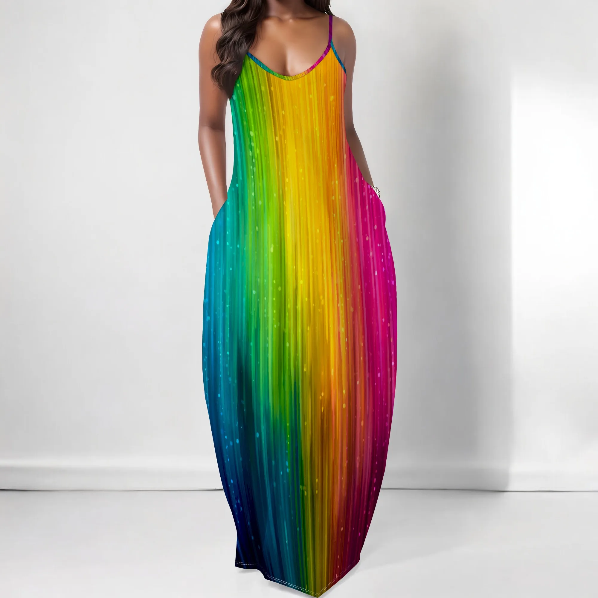 

Women's Rainbow Maxi Dress with Pockets Spaghetti Strap Loose Fit Casual Sundress XS-3XL