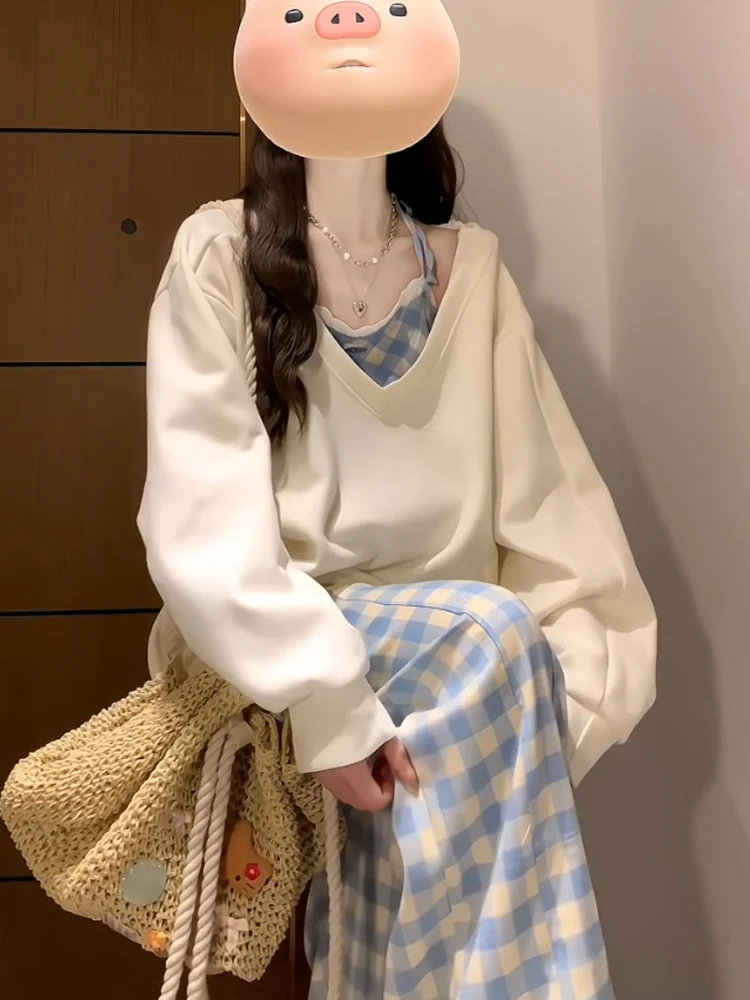 Sweat à capuche à carreaux américain pour femmes, doux et Cool, surdimensionné, paresseux, ample, vêtements d'extérieur, v-ne Long, Version coréenne, printemps automne