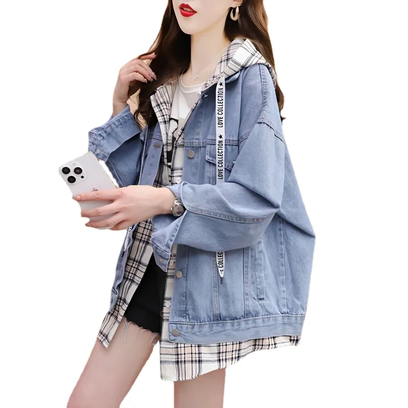 

Women's Fake Two-Piece Hooded Cowboy Coat, Lazy Wind Coat, Foreign Gas, Versatile, Denim Jacket, New, Spring