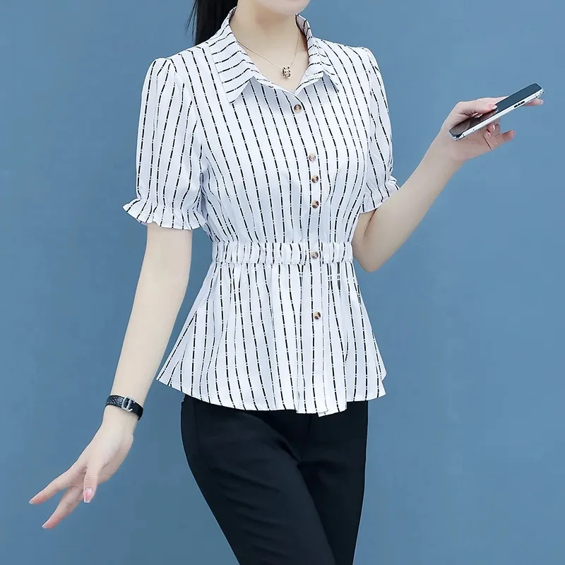 2024 Zomer Korte Mouw Effen Kleur Taille Shirt Vrouwen Forensenslanke All-Match Polo-Hals Knoopblouse Elegante Dameskleding