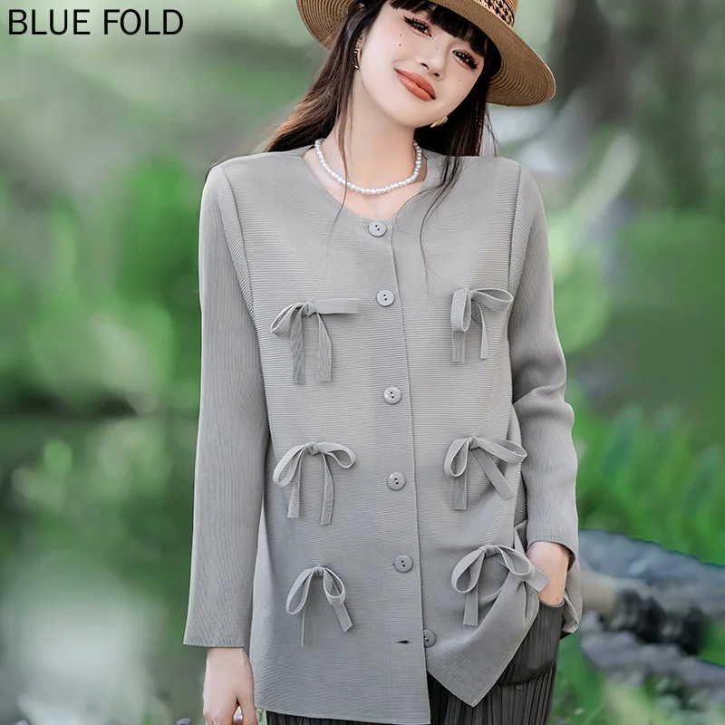 

MIYAKE PLEATS Large Size Women's Spring Women's 2024 New Long Sleeved Cardigan Pleated Bow Short Jacket Women Clothing