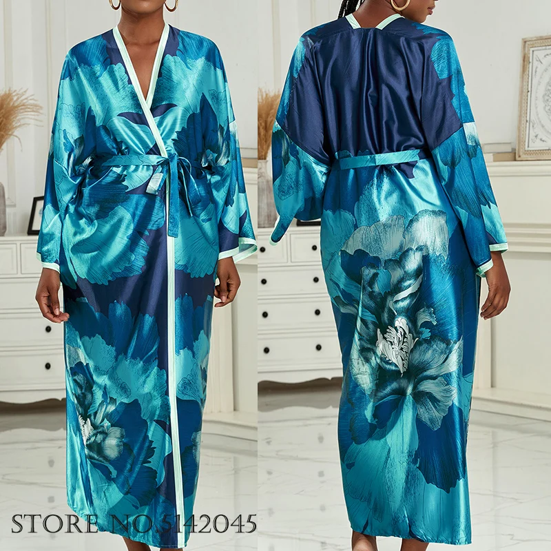 Long Kimono Bath Robe Gown Wide Sleeve Print Flower Robe Women Satin Nightgown New Silk Satin Nightdress V-Neck Lounge Sleepwear