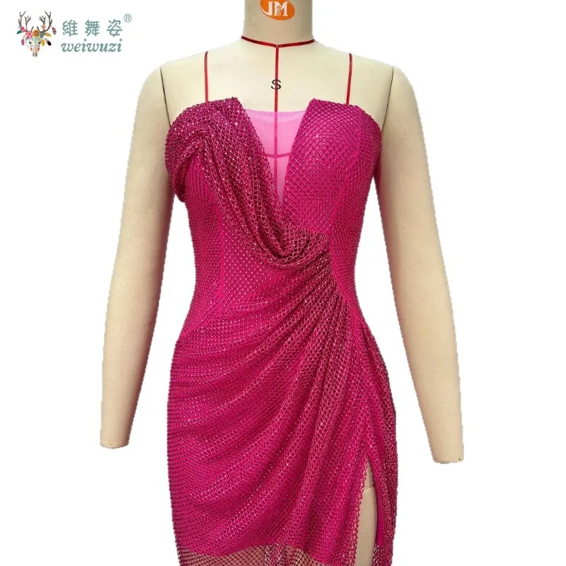 2025 Rosa nuevo rojo Sexy escote en V profundo corte bajo ajustado cadera envuelta con hendidura alta calidad tul banquete lujoso vestido de noche