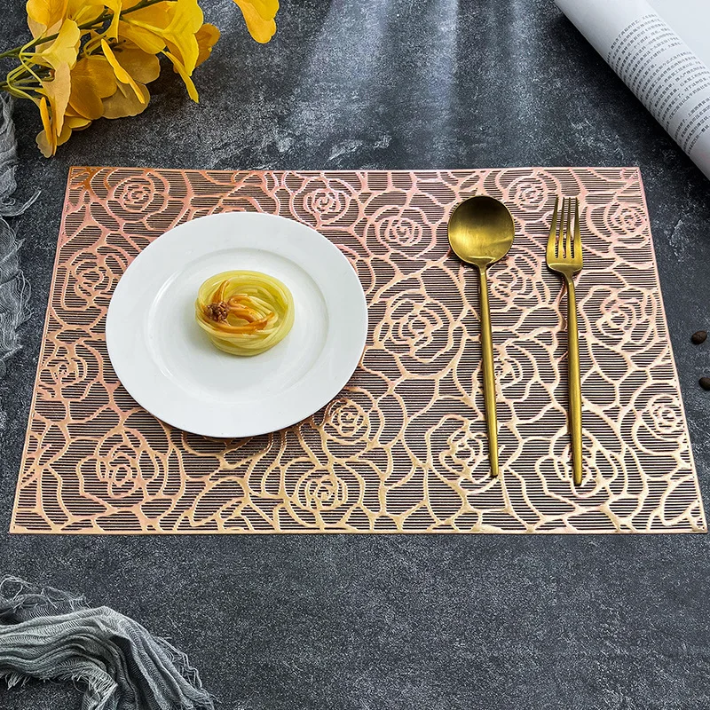 6/4pcs Rectangular Rose Placemats Hollowed Out PVC Light Luxury Dining Table Decor Mat Anti Slip and Thermal Insulation Meal Mat