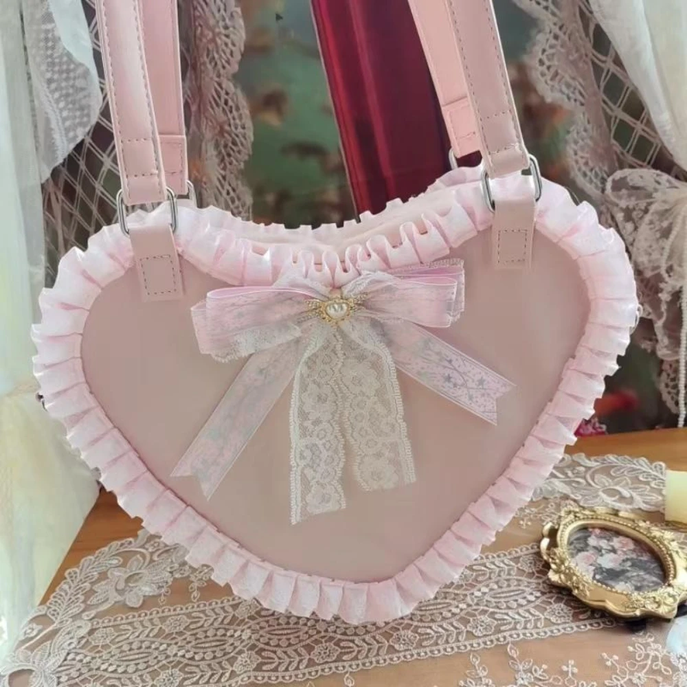 Lolita Pink Shoulder Crossbody Bags Pearl Chain Japanese Transparent Itabag Kawaii Love JK Bags Handbag Lace Women's