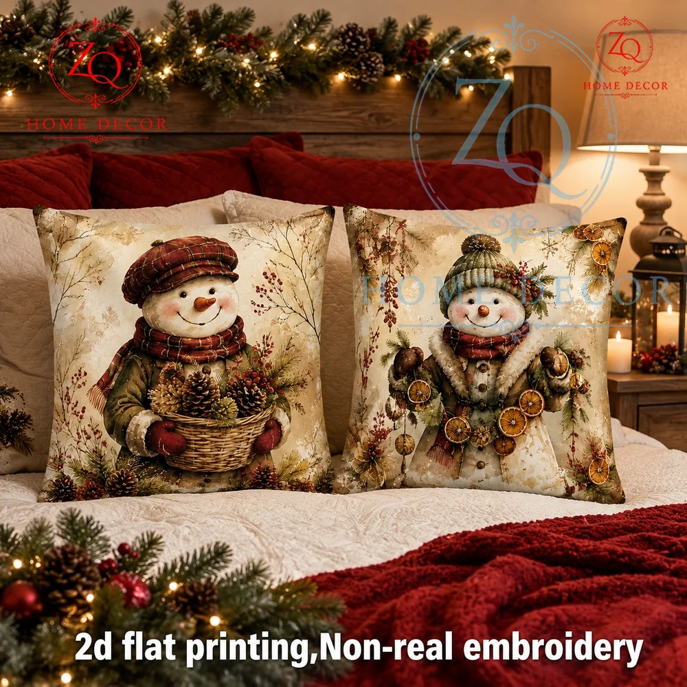 Vintage Christmas Snowman Throw Pillow Cover Rustic Farmhouse Holiday Cushion Case  Winter Festive Home Decor 18x18 Inch