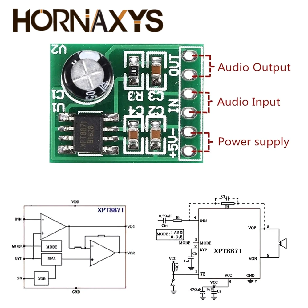 10pcs Mini XPT8871 Mono Stereo Lithium Battery Power Amplifier Board XH-M125 6W Sing Machine Module 3v 5v 5W Audio Output Input