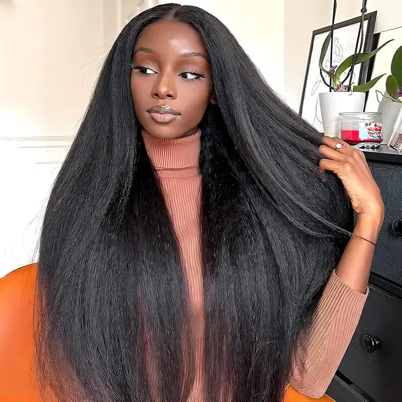 36 Inch 13x4 Lace Frontal Wig Kinky Straight Brazilian Human Hair Wig For Women Transparent Lace Closure Yaki Texture 4x4 Lace