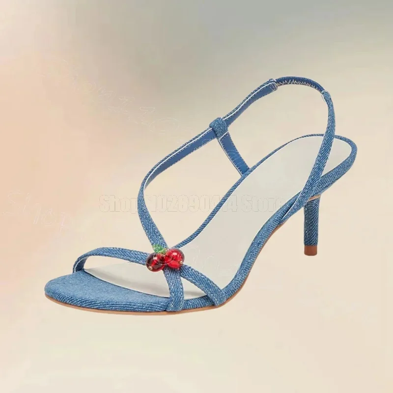 

Red Beads Design Blue Denim Open Toe Sandals Slip On Women Shoes Thin High Heels Party Banquet Dating 2025 Zapatos Para Mujere