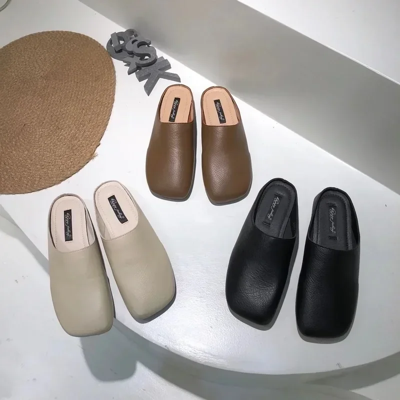 

Korean Half Slippers Women's Spring The Season Retro Outdoor Wear Flat Bottom Soft Leather Slip-On Anti Shoes Sandalias Mujer