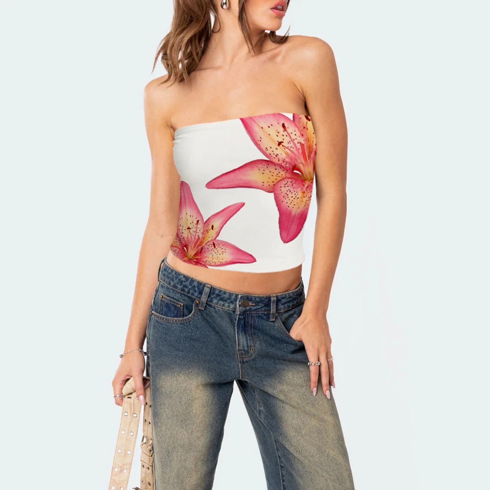 여성용 스트랩리스 탱크 탑, 여성용 릴리 프린트 슬림 튜브 탑, 플라워 패턴 방도, 배꼽 셔츠 스트리트웨어